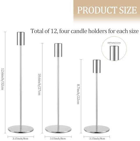 Set of 12 Silver Taper Candle Holders, Tall Candle Holder, Metal Silver Candlestick Holders, Fits 3/4 inch Thick Candle&Led Candles, for Table Centerpiece, Wedding, Dinning, Party Home Decor - Image 2