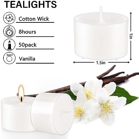 Set of 50 White Scented Tealight Candles Bulk, Vanilla Fragrance Wax with Clear Container, for Restaurant Dinner Weddings Baby Showers, Long Burning, 8 Hours - Image 4