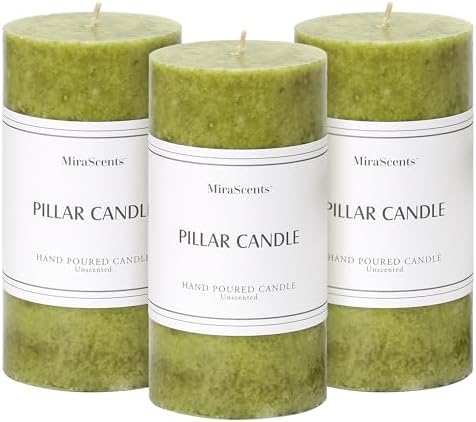 3x6 Inch Green Pillar Candles Set of 3, Hand-Poured Unscented Pillar Candle by MiraScents