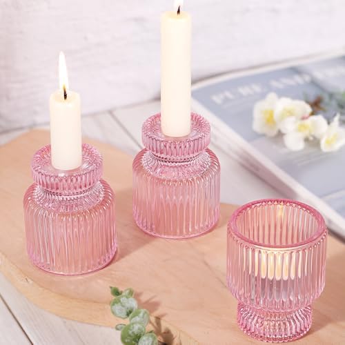 DARJEN 6 Pcs Pink Candlestick Holders - Glass Taper Candle Holders Tealight Votive Candle Holders for Table Centerpieces, Wedding, Dinner Party, Home, Gifts - Image 6
