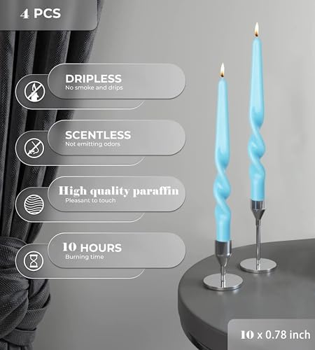 MAITREYA Blue Candles Stick Taper Spiral Twisted Candles - Set of 4 for Decoration Weddings Party Church - Unscented Dripless, 10inch (Baby Blue) - Image 5