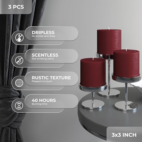 CANDWAX 3x3 Pillar Candles Set of 3 - Rustic Unscented No Drip Burgundy Candles for Home Decor, Weddings, Centerpieces - Image 2