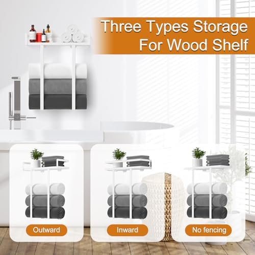 Towel Racks for Bathroom Wall Mounted, Xstydes Metal Towel Holder with Wooden Shelf for Folding Large Towels, Towel Storage for Small Bathroom Organizer Decor or RV Camping,White - Image 7