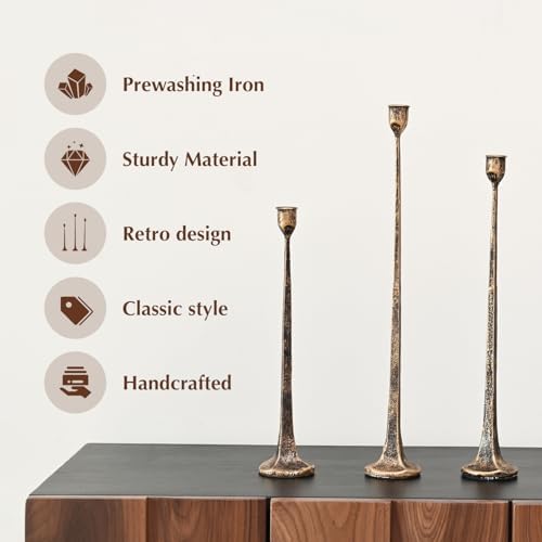Set of 3 Candle Stick Holders, Iron Antique Gold Candlestick Holders, Fits 3/4 inch Thick Candles, Tapered Candle Holders Tall Set for Dining Table, Wedding, Home Decoration - Image 4
