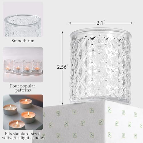 LETINE 16 Pcs Clear Glass Votive Candle Holders, Set of 4 Assorted Embossed Patterns, Tealight Candle Holders Bulk for Wedding Table Centerpieces, Thanksgiving & Party Decorations (2.1” D x 2.56” H) - Image 2