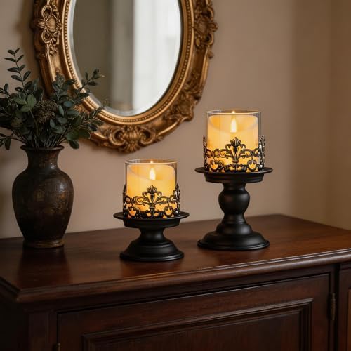 2 PCS Hurricane Candle Holder with Glass Sleeve, Gothic Metal Vintage Candle Holders, Large Table Centerpieces Candle Stand for Weddings and Events, Black, L+L - Image 5