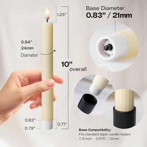 6 Pack, 10" LED Flameless Real Wax Ivory Fluted Ribbed Grooved Taper Candles, Remote & 24h Timer Memory, On/Off Button, Dimmable, Flicker Mode, Battery Operated, Wedding - Image 4