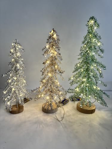 3 Pcs Mini Christmas Tree with Lights, Artificial Bottle Brush Trees with Wooden Bases Christmas Table Decor Small Trees with LED Light String for Decorations (3 Color) - Image 3