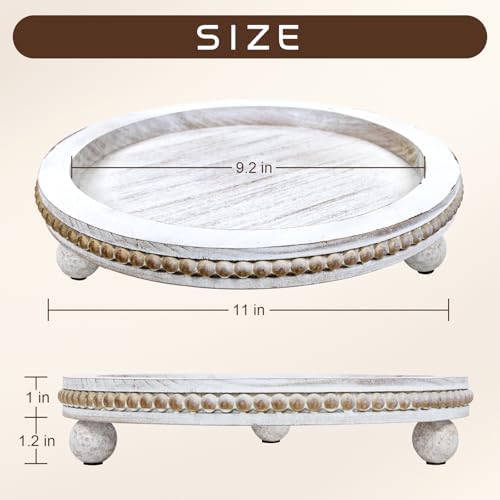 Wood Round Tray for Wooden Coffee Table Decor, Wood Raise Candle Tray Holder Plate,Farmhouse Small Decorative Trays Beade, Rustic Serving Tray for Kitchen Table, Home Decor, Living Room, Retro White - Image 3