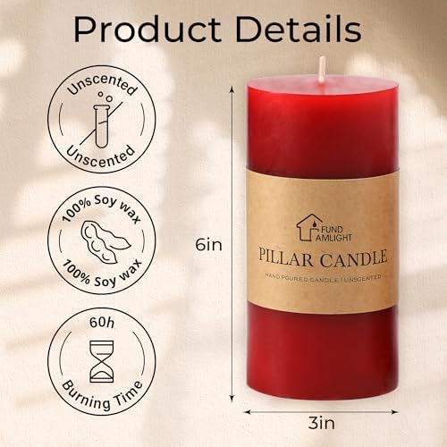3x6 Inch Red Pillar Candles Set of 3 - Decorative Unscented Pillar Candle - Image 3
