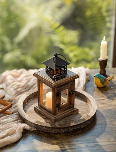 Hanobe Round Wooden Candle Holder Trays for Coffee Table, Distressed Finish - Image 4