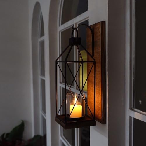 Homemory Wall Candle Sconces Set of 2, Rustic Wood Holders with Glass Decor - Image 5