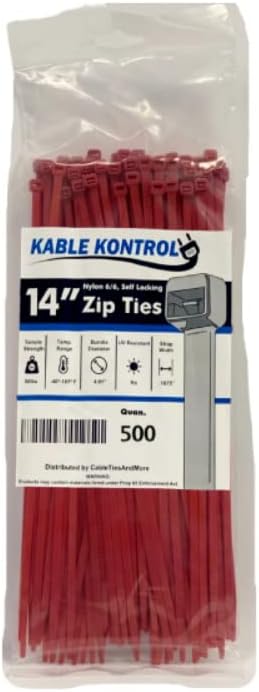 Kable Kontrol Red Zip Ties 14 Inch 500 Pcs, 50 Lbs Tensile Strength, Self-locking Nylon Colored Cable Ties Wire Wraps for Indoor or Outdoor Use