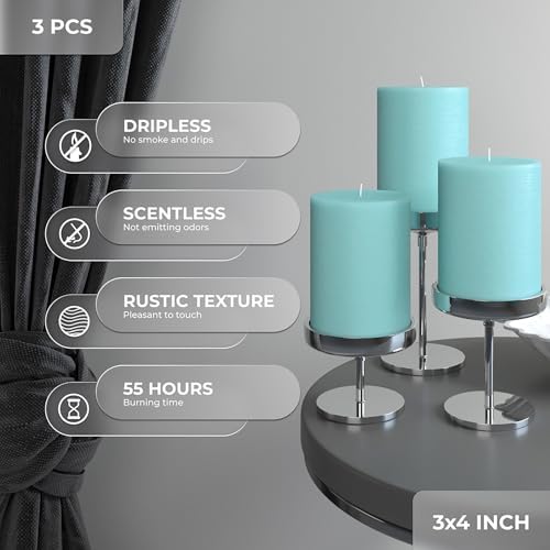 CANDWAX 3x4 inch Pillar Candles Set of 3 – Unscented Dripless Rustic Light Turquoise Candles for Table Decor, Weddings, Centerpieces - Image 3