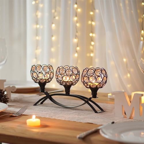 Crystal Tealight Candle Holder Centerpiece Home Decorative Candlestick Holder Elegant Table Centerpiece Home Decor Wedding Party Anniversary (Black, 3 Arm) - Image 4