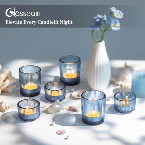Glasseam Glass Votive Candle Holders Bulk 24Pcs Ribbed Blue Tealight Decor - Image 6
