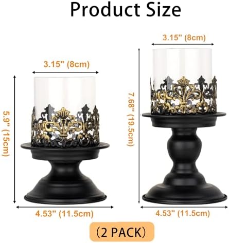 2 PCS Hurricane Candle Holder with Glass Sleeve, Gothic Metal Vintage Candle Holders, Large Table Centerpieces Candle Stand for Weddings and Events, Black, S+L - Image 2