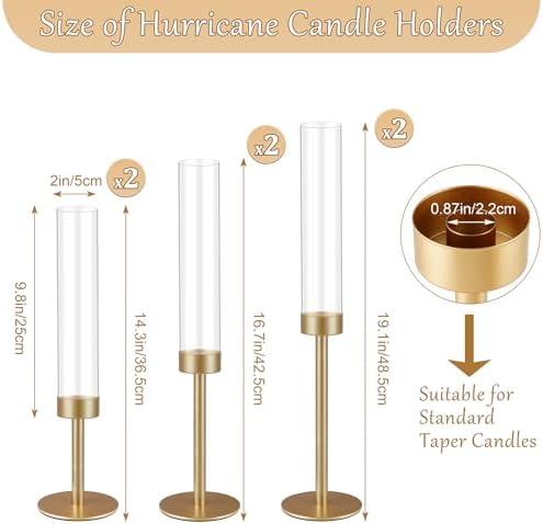 6Pcs Hurricane Glass Candle Holders Gold Candlestick Holders Taper Candle Holder with 9.8" Windproof Clear Cylinder Covers for Outdoor Indoor Tall Candle Stick Holder Decor for Wedding Party Fireplace - Image 3