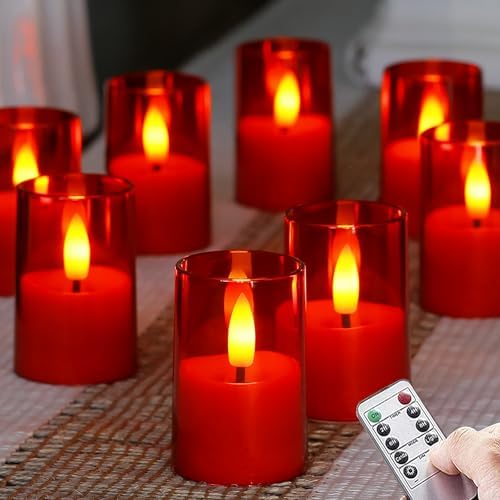 Flameless D: 1.7" H: 2.5" Small Tea Light LED Candles, Acrylic Battery Operated Votive with Remote Control and Timer, Tealight Red Flickering Warm Light Pack of 8 Electric Long Lasting by Zevanor