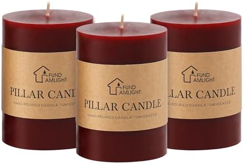 3x4 Inch Burgundy Pillar Candles Set of 3 - Unscented Pillar Candle by FUNDAMLIGHT