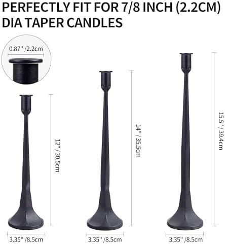 Iron Taper Candle Holder Set of 3 15.5” 14” 12” Decorative Modern Vintage Metal Tall Candlestick Holders for Wedding, Dinning Table,Mantle, Party Decoration (3, Black) - Image 4
