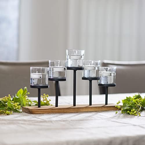 Decorative Votive Candle Holder Centerpiece, 5 Glass Cups on Wood Base - Image 3