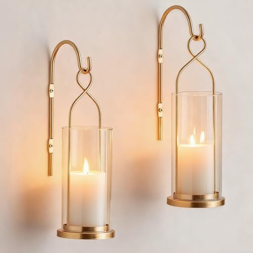 Gold Candle Sconces Set of 2, with Hurricane Glass by Walasis