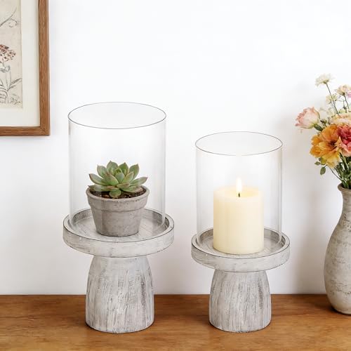 4" & 5" Glass Hurricane Candle Holders with Distressed White Solid Wooden Base in Set of 2, Decorative Centerpiece for Home, Coffee Table, Fireplace Mantel, Wedding, Modern Farmhouse Style - Image 4