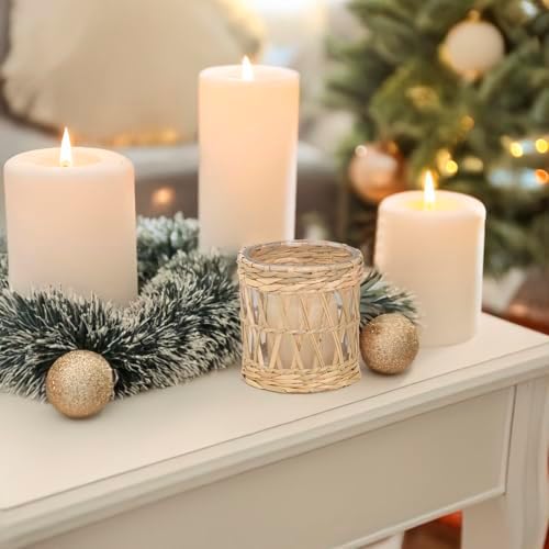 Rustic Cattail Woven Tea Light Holder, Seagrass Glass Candle Holder, Table Candle Holder Decor, Vintage Candlestick Holders, Wicker Tea Light Holder, Farmhouse/Home Decor (Original Color - 2 Pack) - Image 7