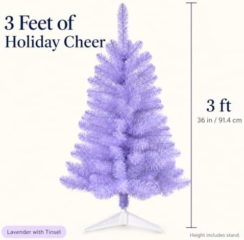 3FT Artificial Christmas Tree with Tinsel and String Lights – Tabletop Small Xmas Tree for Desk, Office, or Small Spaces – Full Branches, Easy Assembly, Holiday Decoration (Lavender Tinsel) - Image 6