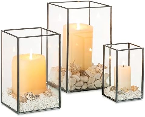 NUPTIO Glass Hurricane Candle Holder: 3 Pcs Black Lanterns Geometric Pillar Candles Holder Decorative Lantern Centerpiece for Outdoor & Indoor Halloween Holiday Fireplace Decor 8.1 & 6.5 & 4.7 inch by Nuptio