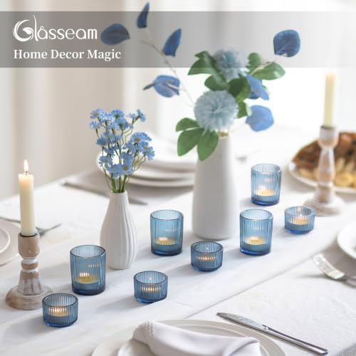 Glasseam Glass Votive Candle Holders Bulk 24Pcs Ribbed Blue Tealight Decor - Image 3