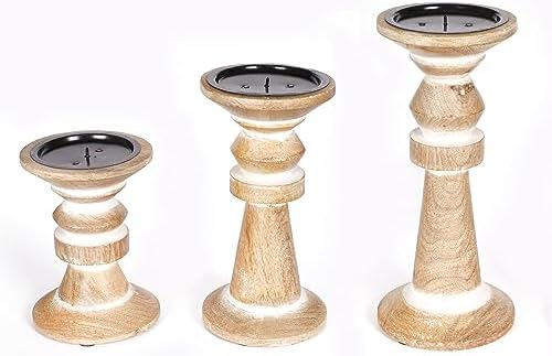 Lightnpro Wooden Pillar Candle Holders Set of 3 - Decorative Vintage Rustic Farmhouse Style Wooden Candle Stands for Home Décor, Gift, Wedding & Everyday Use - White Wash - 10", 8", 6" - Image 6