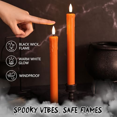 Burnt Orange Dripping Wax Fall Halloween LED Taper Candles with Remote - Image 3