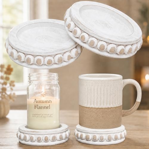 Felt Creative Home Goods Set of 2 Round Rustic Wood Beaded Risers - Sturdy 2-Sided Stackable Decor Pedestal Stands for Tiered Tray, Candle, Mug Display (Rustic White, 5 inch) by FeltCreativeHomeGoods