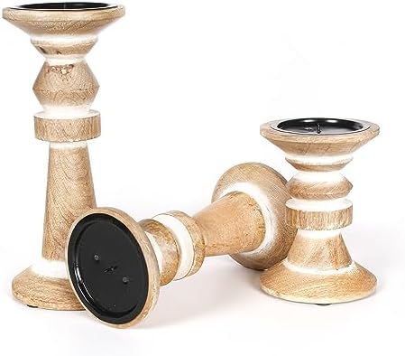 Lightnpro Wooden Pillar Candle Holders Set of 3 - Decorative Vintage Rustic Farmhouse Style Wooden Candle Stands for Home Décor, Gift, Wedding & Everyday Use - White Wash - 10", 8", 6" - Image 2