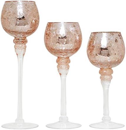 Hosley® Elevate Ambiance with Set of 3 Crackle Rose Gold Glass Tealight Holders 12 Inch, 10 Inch, 9 Inch Sophisticated Decor for Chic Candle Displays by HOSLEY