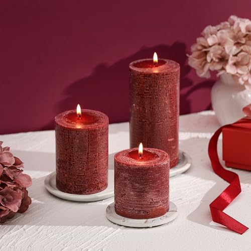3x3 Inch Burgundy Pillar Candles Set of 3 - Hand-Poured Unscented Candles, Long Clean Burning, Dark Red Pillar Candle, Smokeless Dripless Candle for Dinner Table, Wedding, Home, Rustic Decor - Image 4