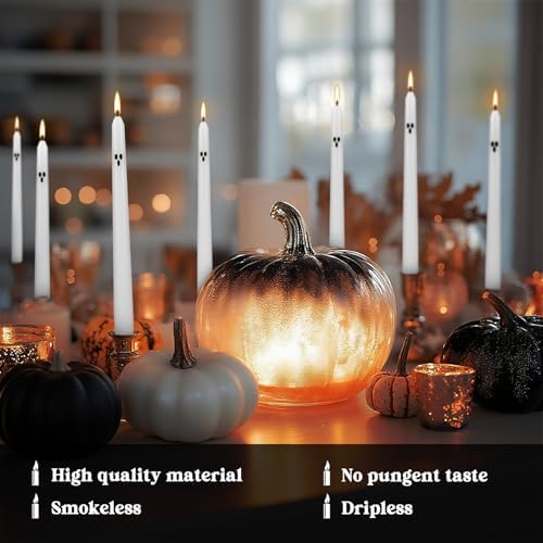 12 Pack Halloween Taper Candles - 10 Inch White Ghost Face Smokeless Candles, Long-Lasting 7+ Hour Burn, Premium Wax for Spooky Decor & Parties - Image 4