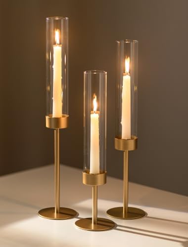 Romadedi Glass Hurricane Candle Holders for Candlestick, Gold, Set of 3 by ROMADEDI
