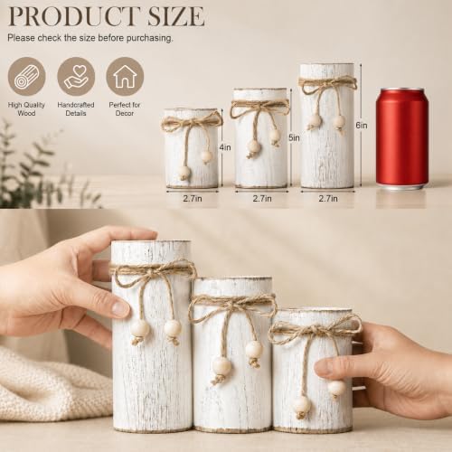 White Wooden Candle Holder with Flameless LED Candles Modern Boho Decor 3p - Image 2