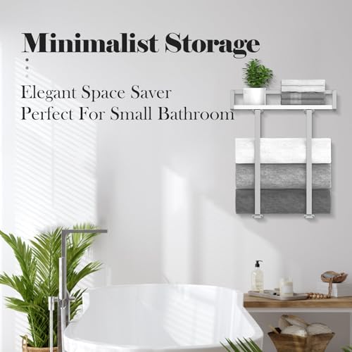 Towel Rack Wall Mounted, Xstydes Metal Towel Holder with Wooden Shelf for Folding Large Towels, Towel Storage for Small Bathroom Organizer Decor or RV Camping, Silver - Image 3