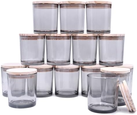 SHOWIN 8 OZ Thick Candle Jars for Making Candles 15 Pcs, Gray Empty Jars with Wood Lids for Candle Making, Sample Container,Clear Gray by Showin