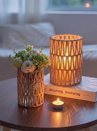 NUPTIO Boho Lanterns, Set of 2 Rattan Pillar Candle Holders with Glass by Nuptio