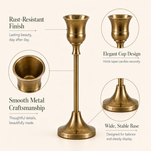 Brass Taper Candle Holders 2 Sets(6 Pcs) - Tall Metal Candlestick Holders for Table Centerpiece, Formal Dinner, Wedding, Fireplace Mantel Decor, Fits 3/4 Inch Thick Candles - Image 4