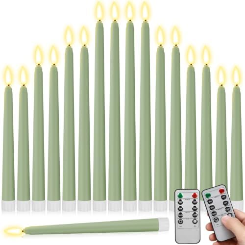 Rossesay 16 Pcs Sage Green Flameless Taper Candle with Remote Timer by Rossesay