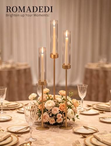 Romadedi Tall Glass Hurricane Candle Holder Gold for Taper Sticks, Set of 3 - Image 3