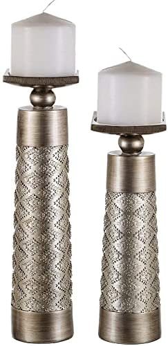 Creative Scents Dublin Silver Decorative Candle Holder Set of 2 - Home Decor Pillar Candle Stand, Coffee Table Mantle Decor centerpieces for Fireplace, Living or Dining Room Table, Gift Boxed by CreativeScents
