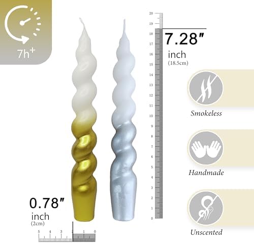 7.5 Inches Christmas Spiral Taper Candles Colorful Twisted Candle Dripless Long Candles, Handmade Candlesticks for Party Dinner Decor, Set of 4(Gradient Metallic Gold Silver) - Image 2