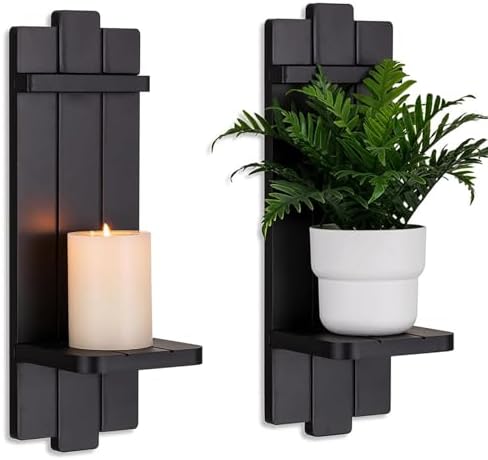 Black Wood Wall Candle Holder Set of 2 by Walasis